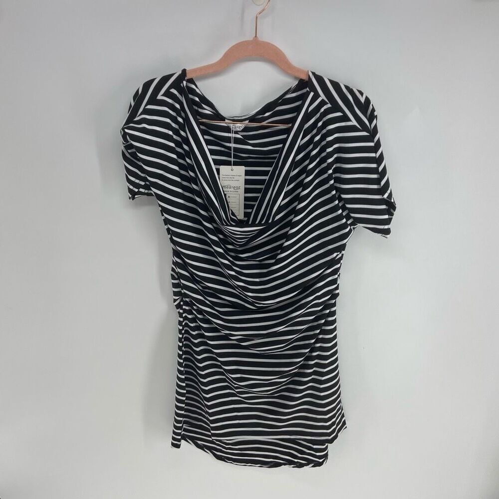 Meaneor Women's Black White Striped Cowl Neck Short Sleeve Blouse Medium NWT